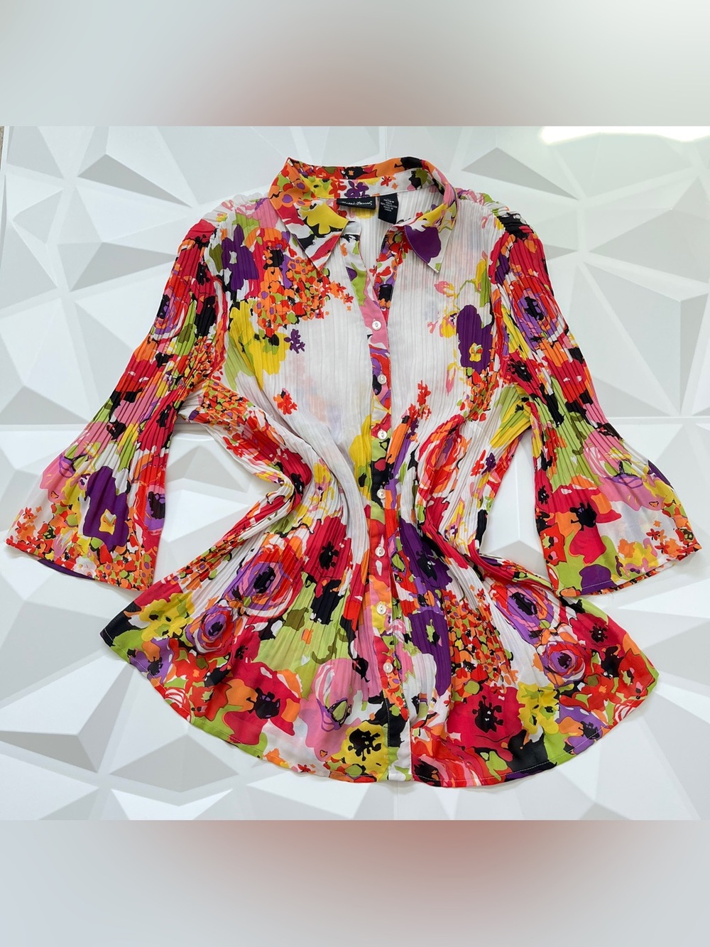 Maggie Barnes Floral Pleated Button-Down Blouse Size:14/16W Vintage Style